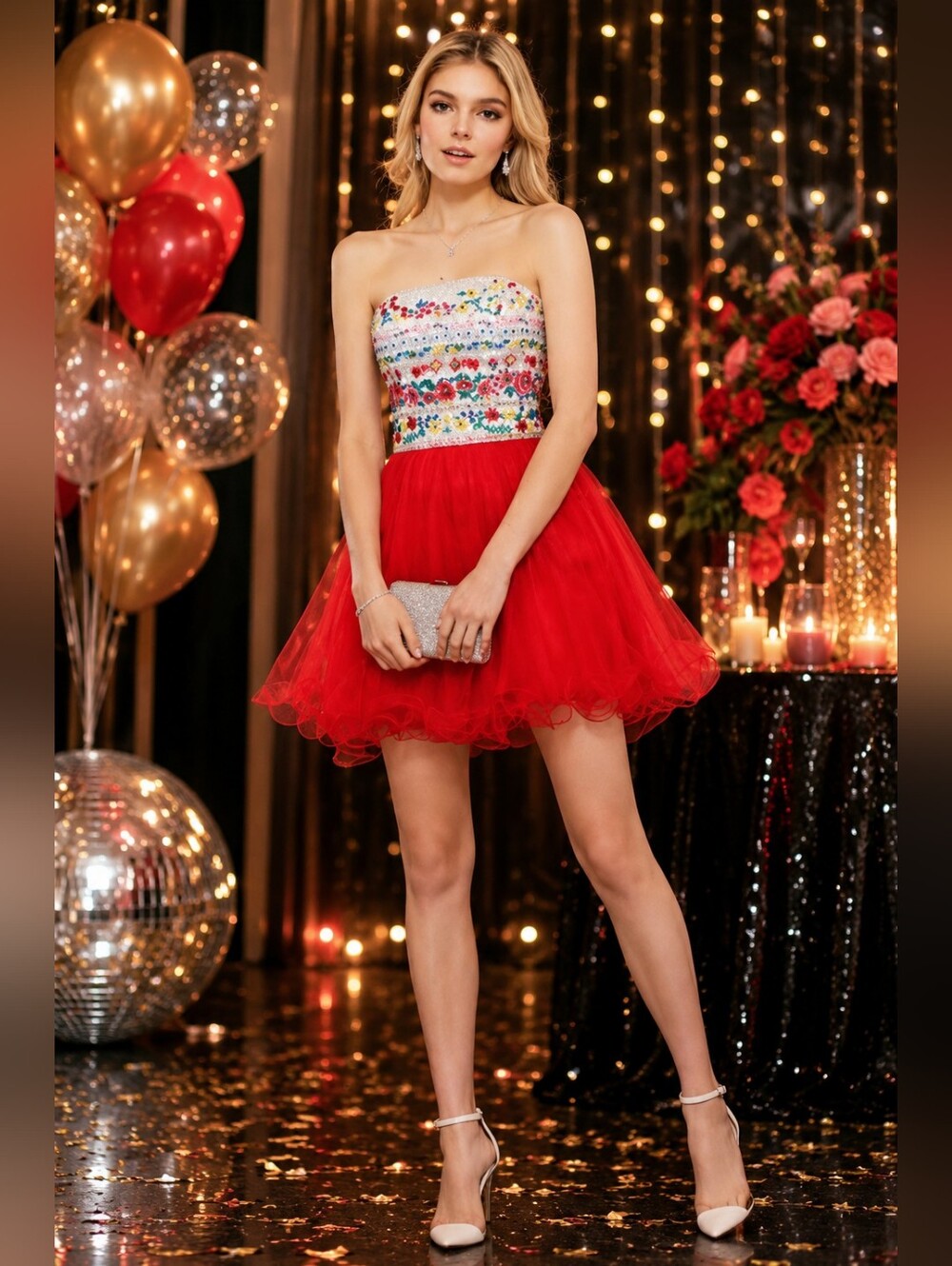Red Short Strapless Dress With Floral Embroidery
